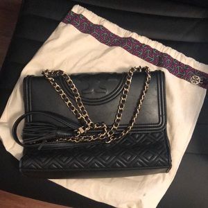 Tory Burch black leather Fleming shoulder bag